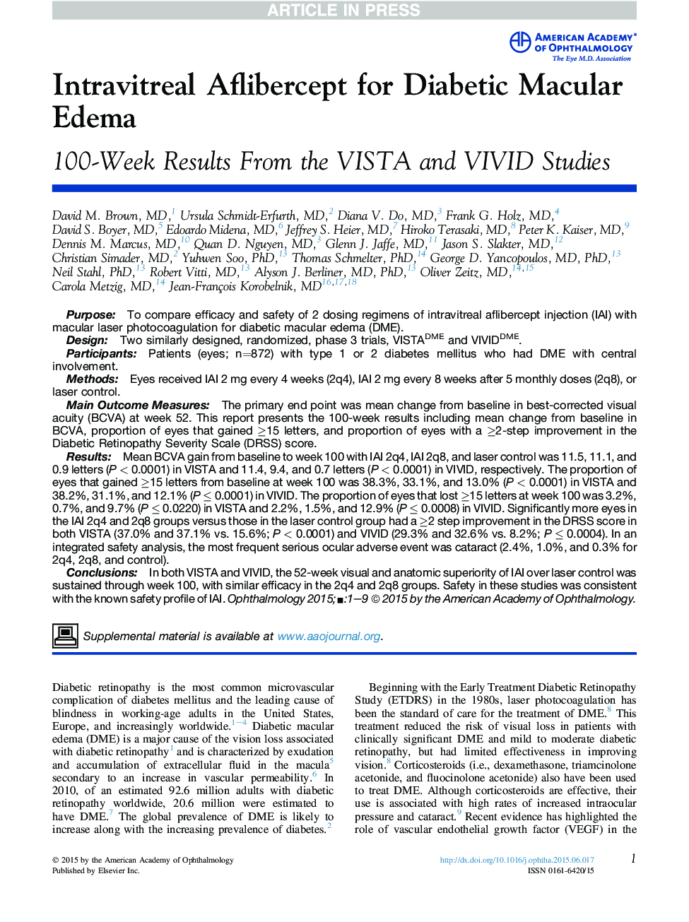 Intravitreal Aflibercept for Diabetic MacularÂ Edema