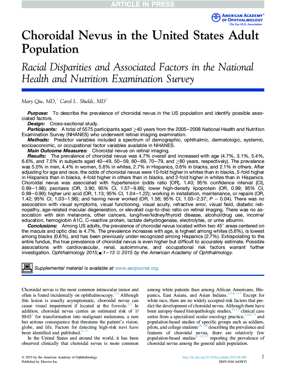 Choroidal Nevus in the United States AdultÂ Population