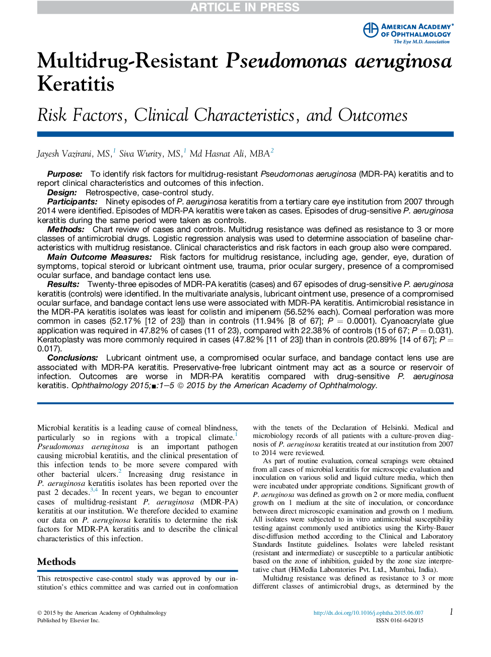 Multidrug-Resistant Pseudomonas aeruginosaÂ Keratitis