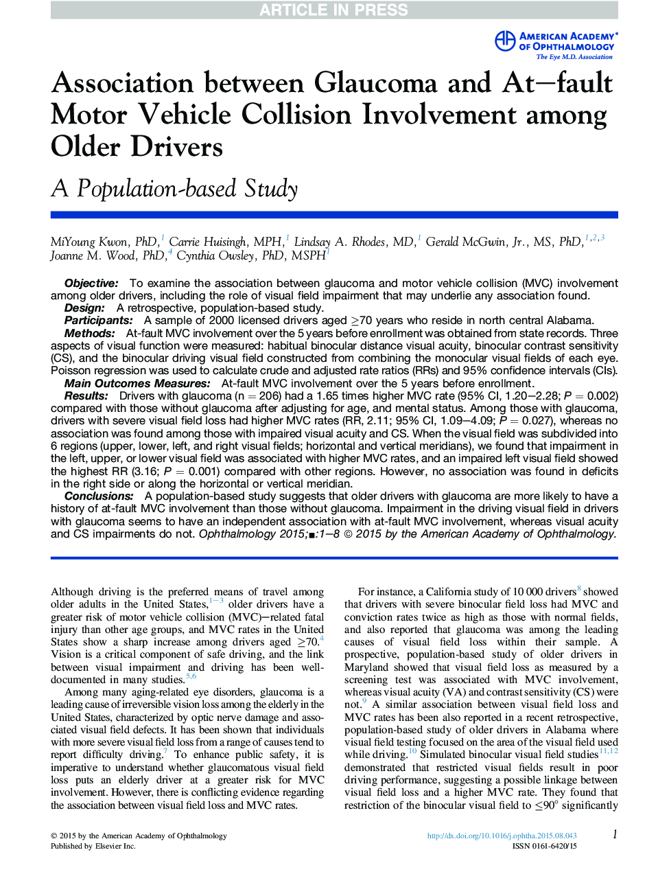 ارتباط بین گلوکوم و برخورد موتورهای ناشی از نقص موتور در میان رانندگان قدیمی تر 