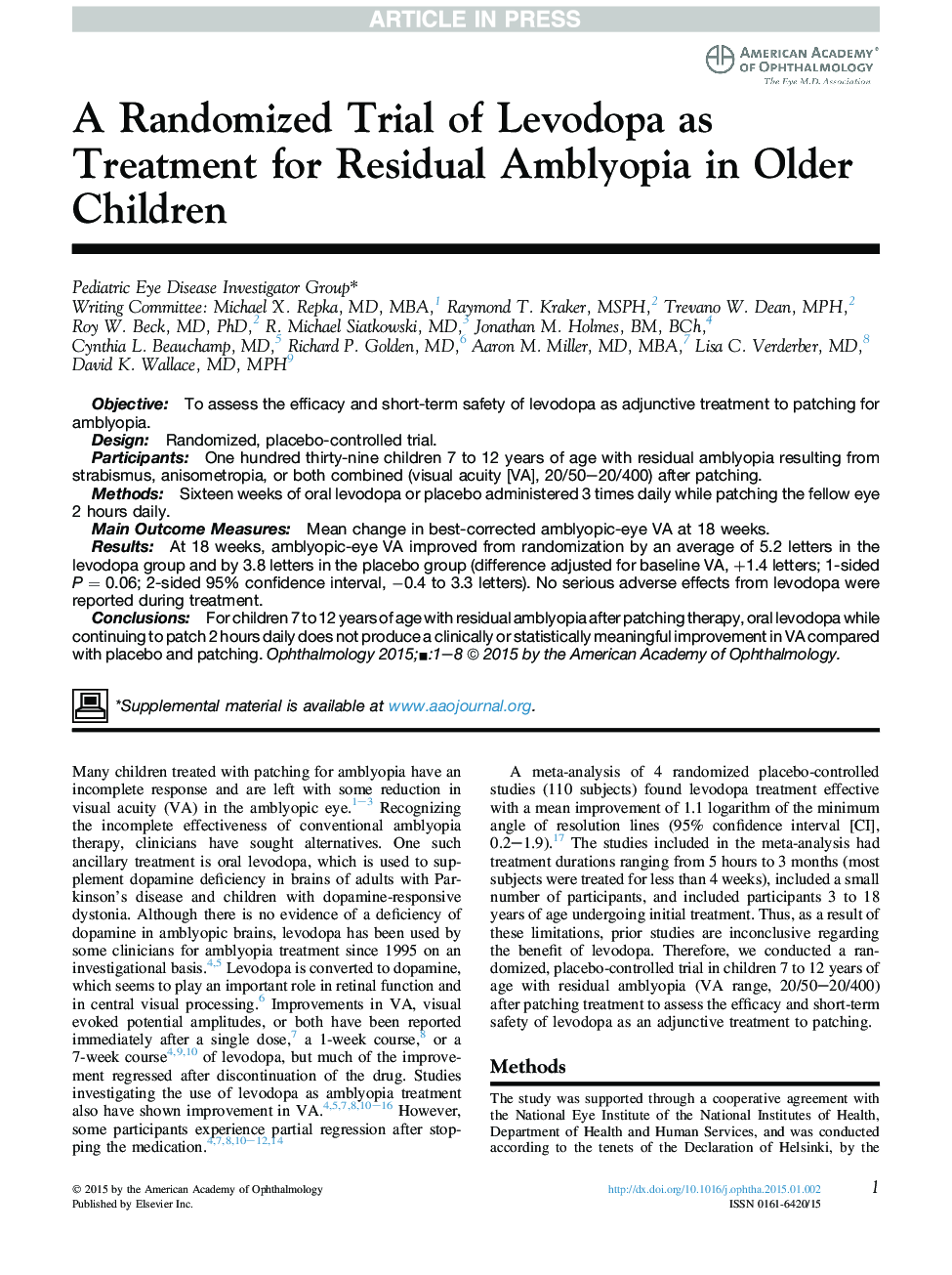 یک آزمایش تصادفی از لوودوپا به عنوان درمان آملیوپی باقی مانده در کودکان سالمند 