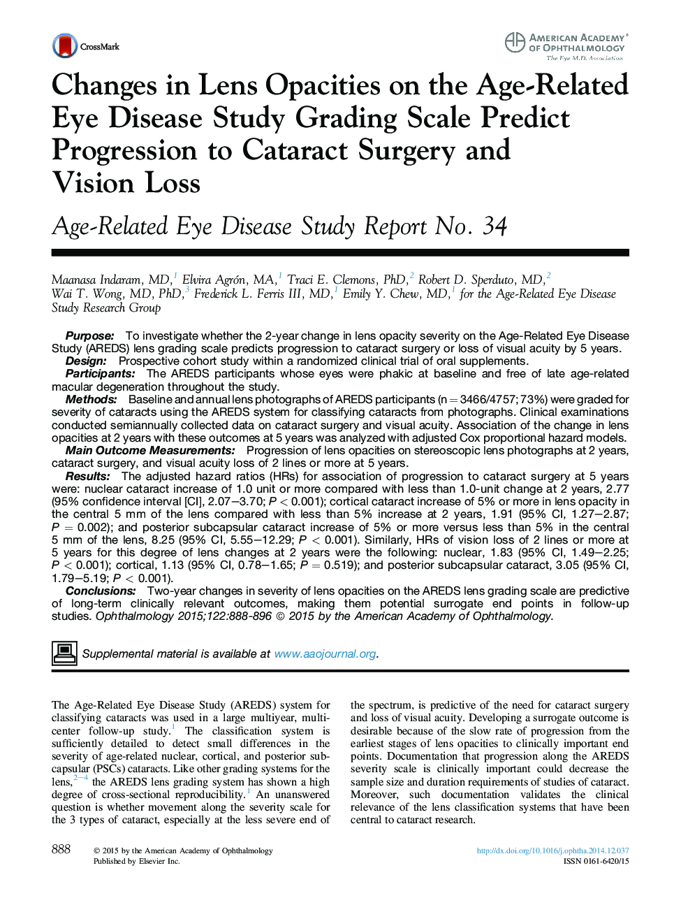 مقاله اصلی تغییرات در ابعاد لنز در مورد بیماری های مرتبط با بیماری چشم، مقیاس درجهبندی پیش بینی پیشرفت جراحی کاتاراکت و کاهش چشم انداز: گزارش مطالعه بیماری های مرتبط با سن، شماره 34 