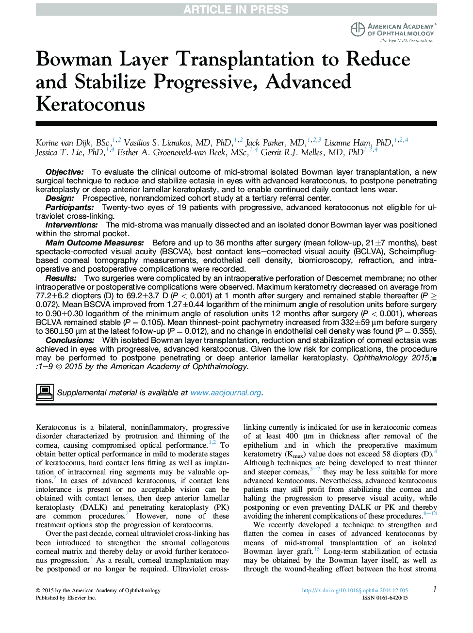 Bowman Layer Transplantation to Reduce and Stabilize Progressive, Advanced Keratoconus