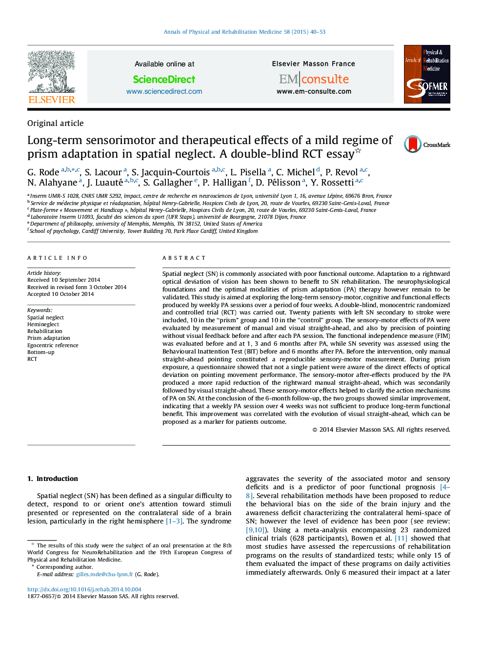 Long-term sensorimotor and therapeutical effects of a mild regime of prism adaptation in spatial neglect. A double-blind RCT essay
