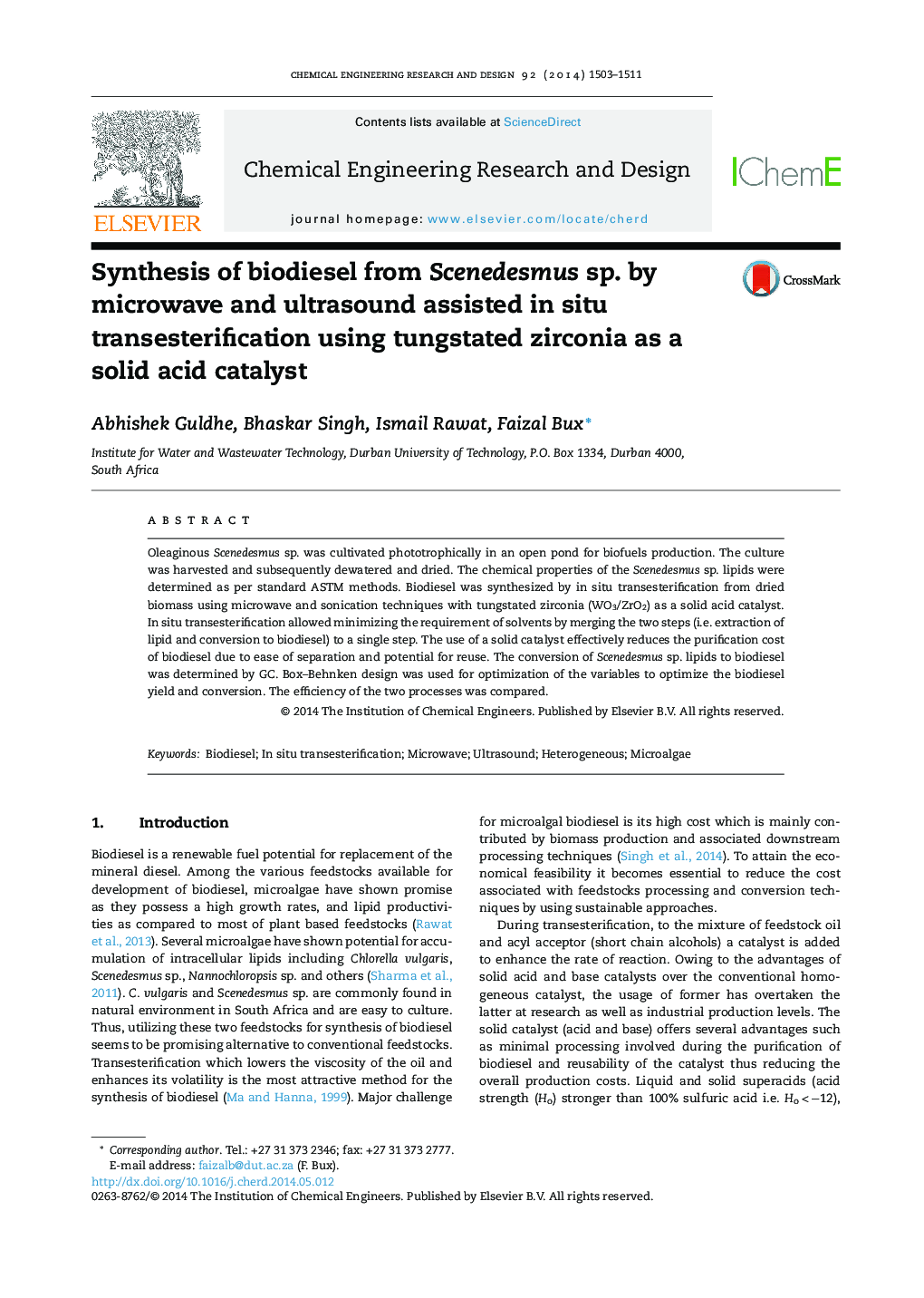 Synthesis of biodiesel from Scenedesmus sp. by microwave and ultrasound assisted in situ transesterification using tungstated zirconia as a solid acid catalyst