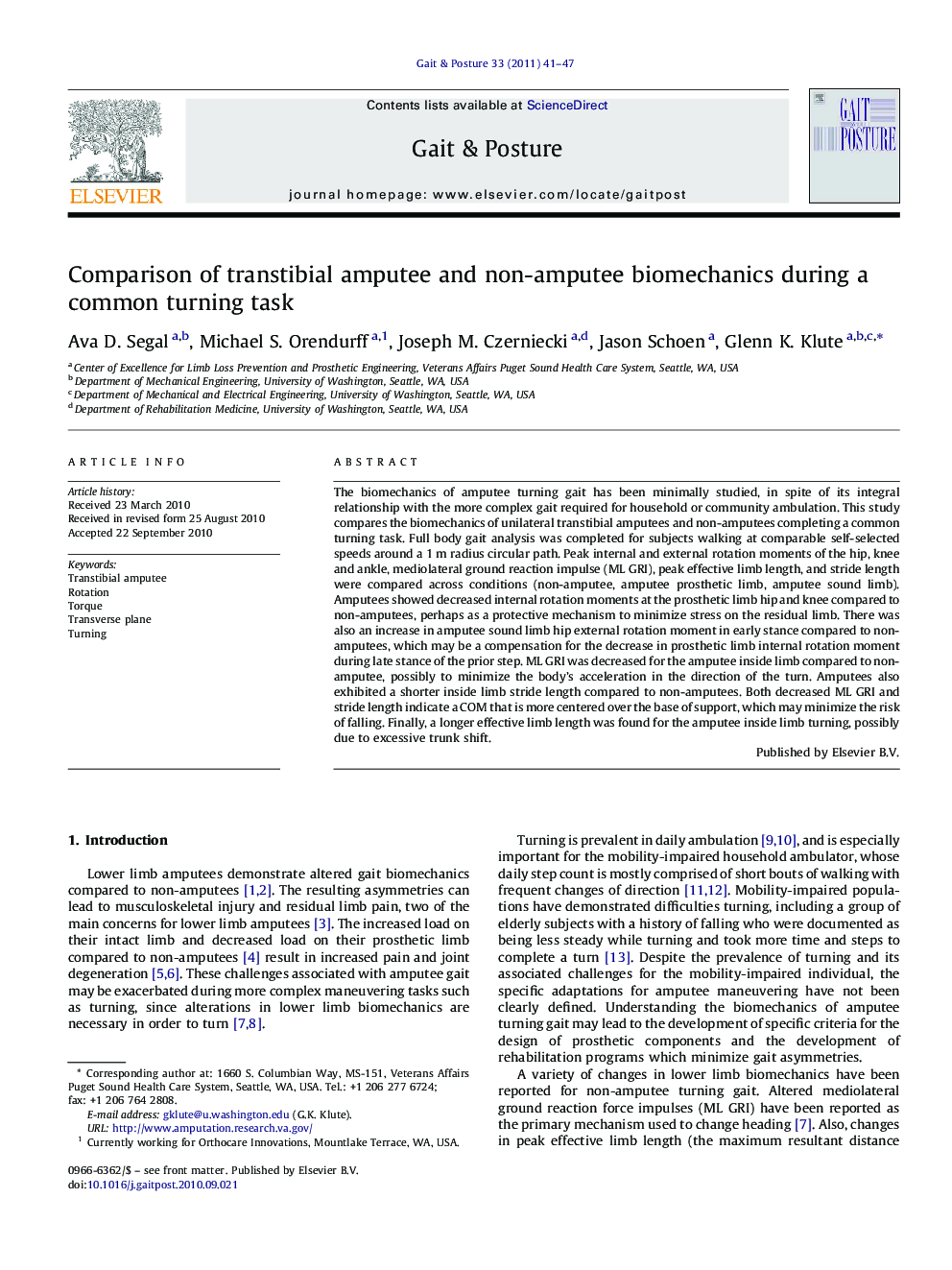 Comparison of transtibial amputee and non-amputee biomechanics during a common turning task