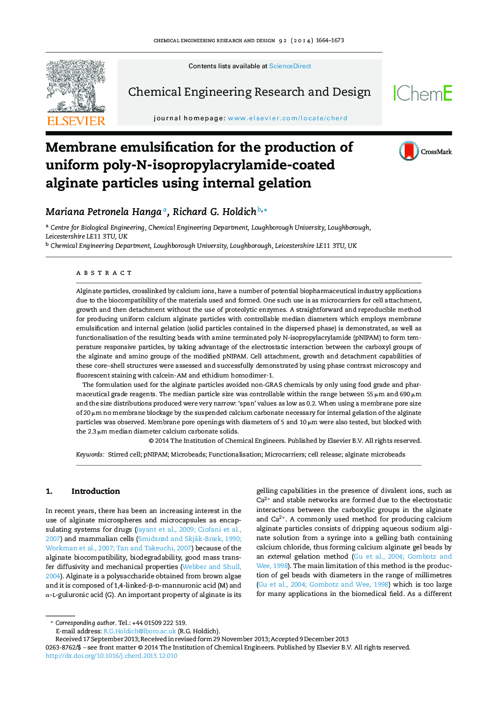 Membrane emulsification for the production of uniform poly-N-isopropylacrylamide-coated alginate particles using internal gelation
