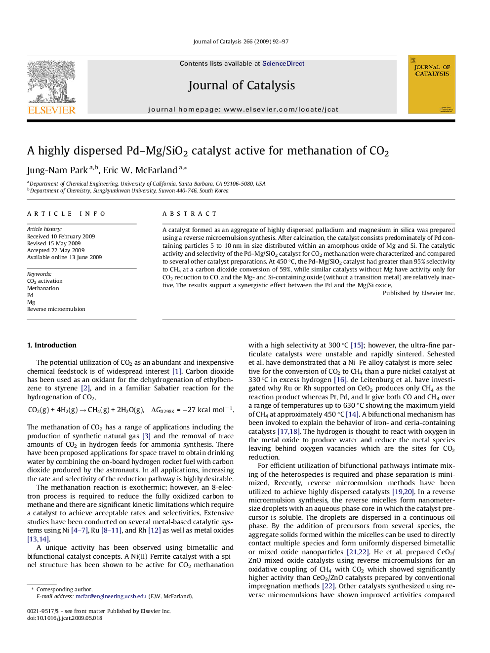 A highly dispersed Pd–Mg/SiO2 catalyst active for methanation of CO2