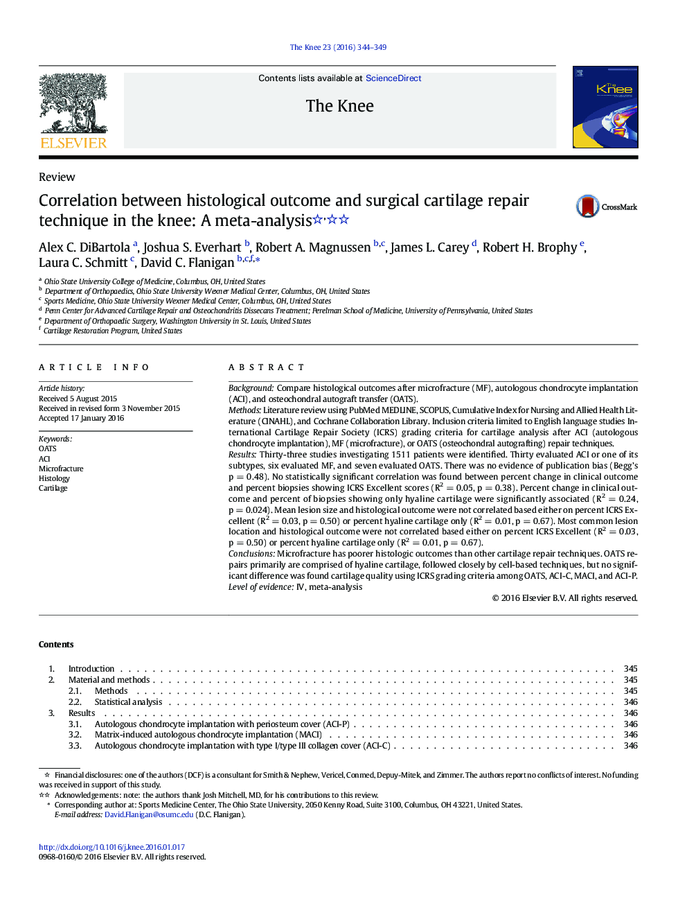 ReviewCorrelation between histological outcome and surgical cartilage repair technique in the knee: A meta-analysis