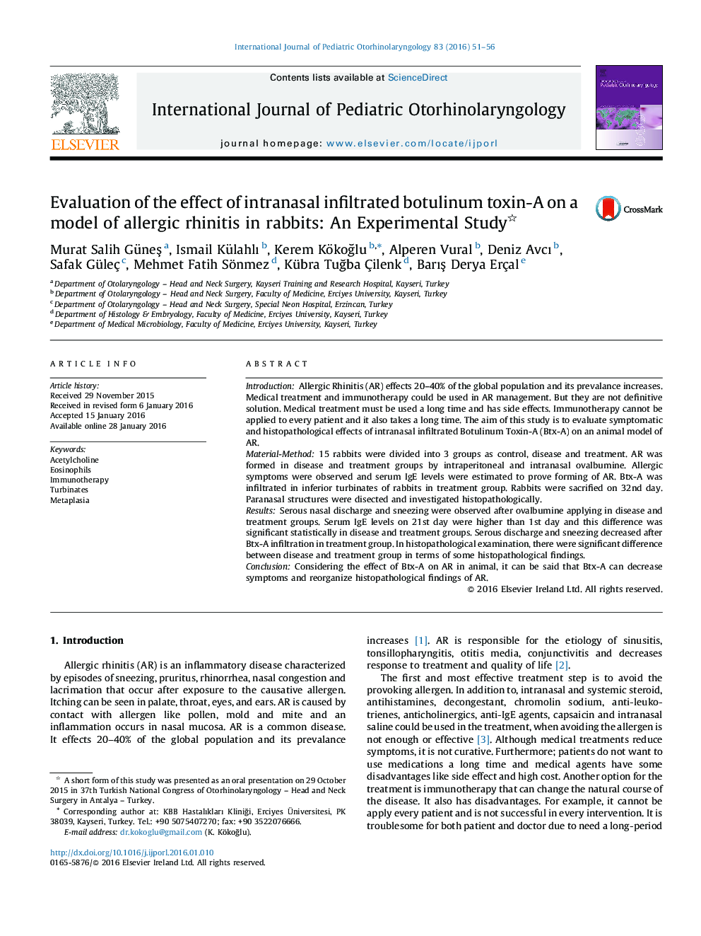 Evaluation of the effect of intranasal infiltrated botulinum toxin-A on a model of allergic rhinitis in rabbits: An Experimental Study