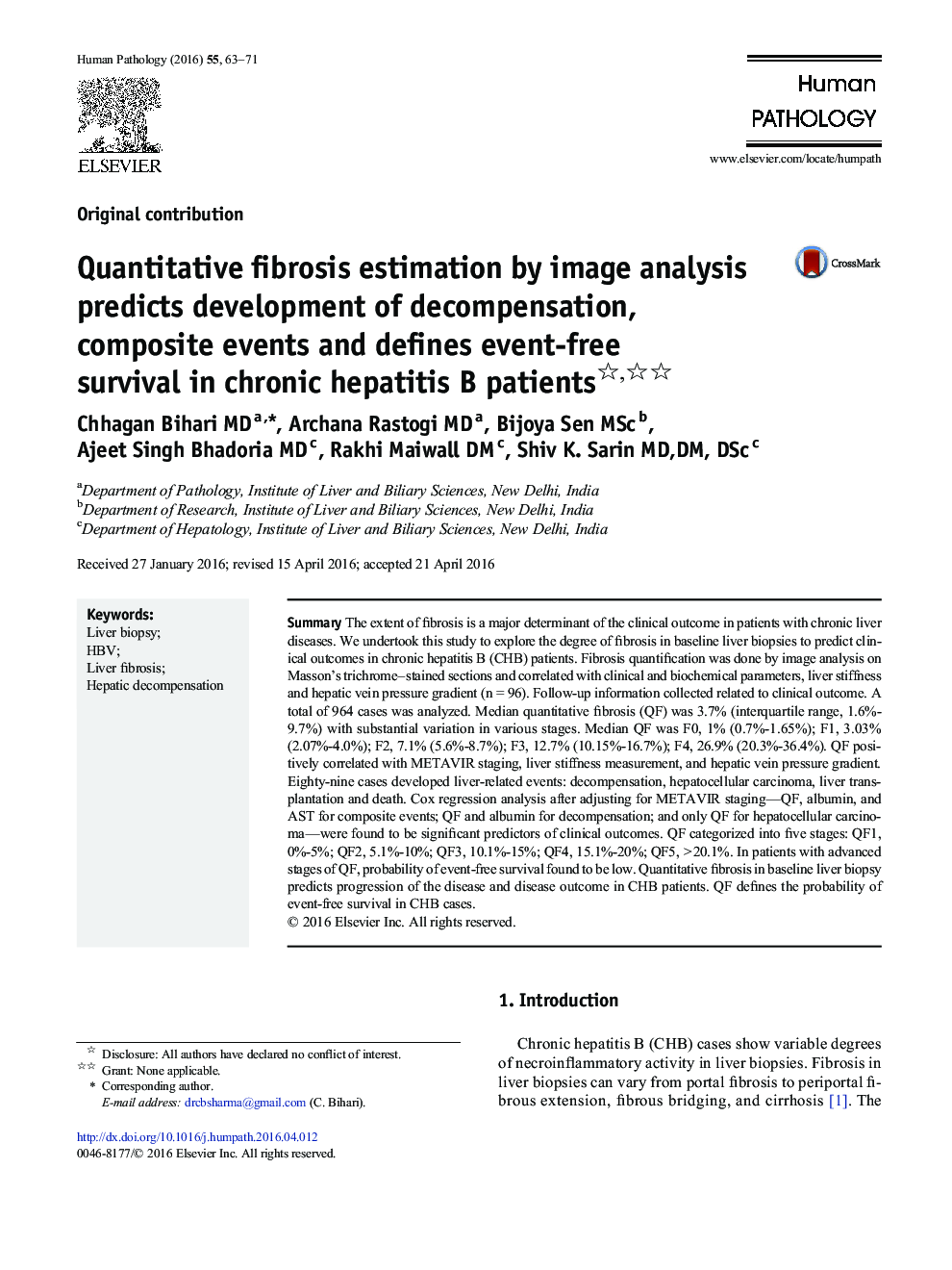 Quantitative fibrosis estimation by image analysis predicts development of decompensation, composite events and defines event-free survival in chronic hepatitis B patients