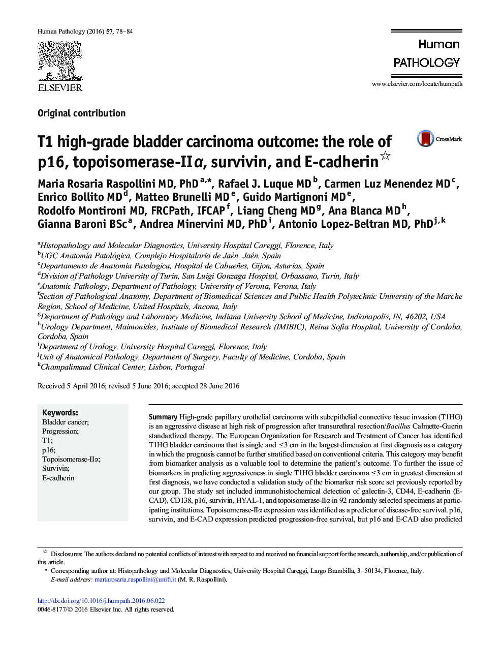 T1 high-grade bladder carcinoma outcome: the role of p16, topoisomerase-IIÎ±, survivin, and E-cadherin