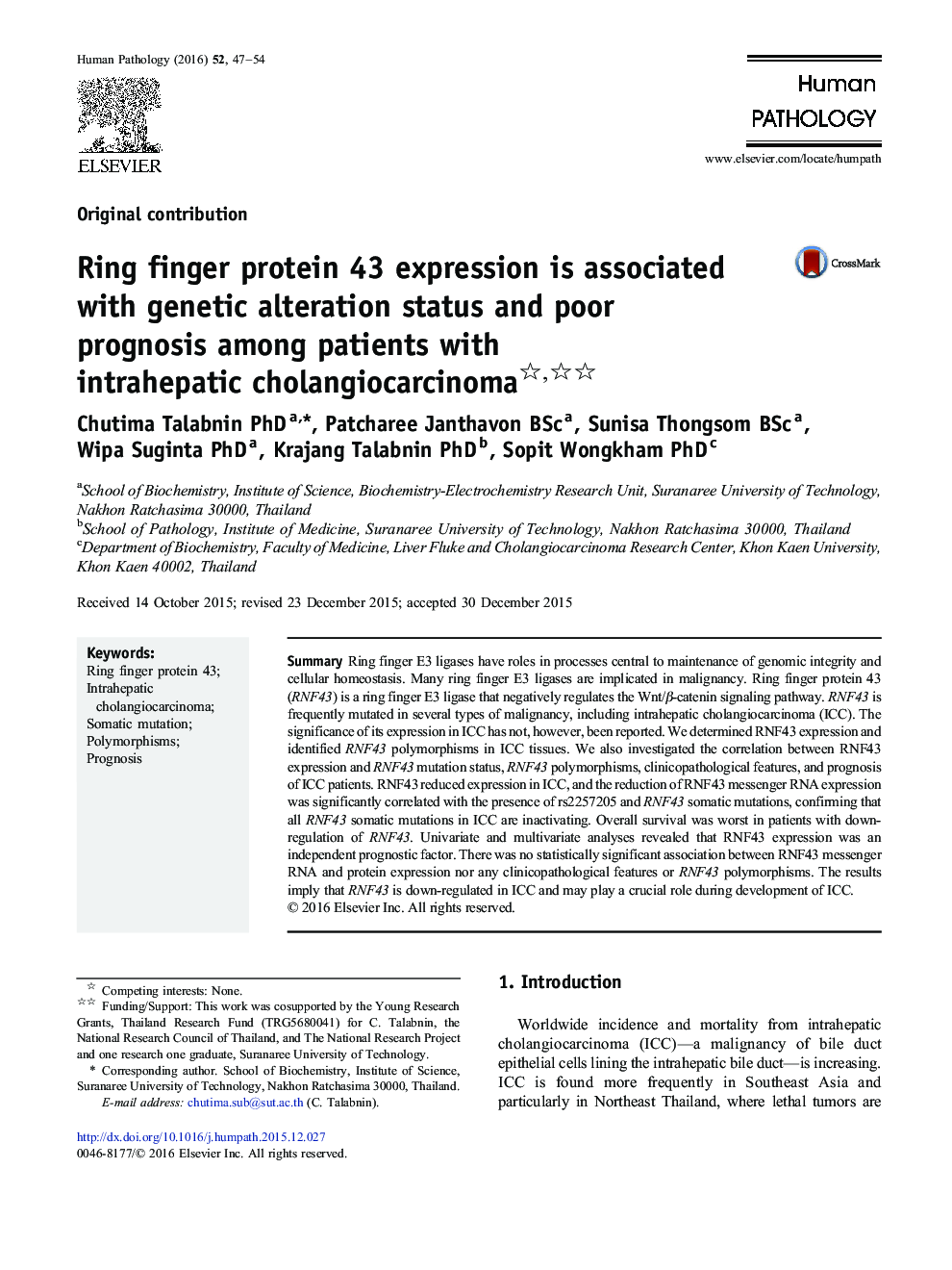 Ring finger protein 43 expression is associated with genetic alteration status and poor prognosis among patients with intrahepatic cholangiocarcinoma