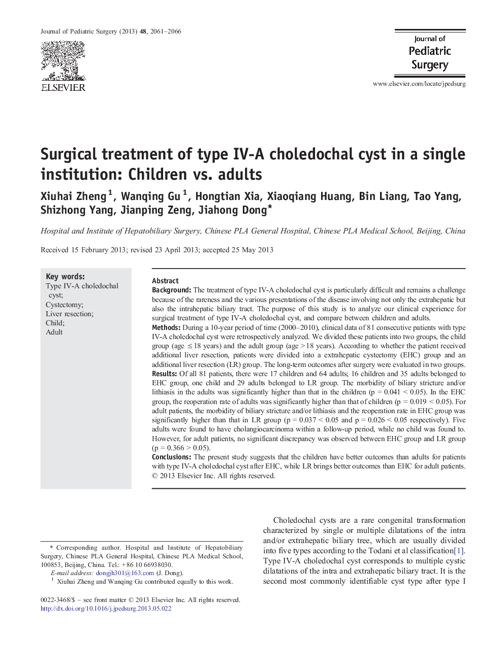 Surgical treatment of type IV-A choledochal cyst in a single institution: Children vs. adults