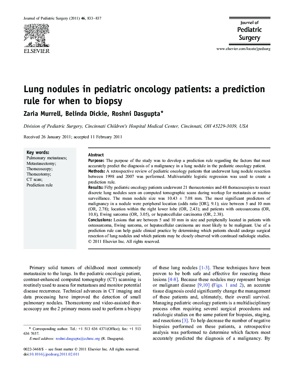 Lung nodules in pediatric oncology patients: a prediction rule for when to biopsy
