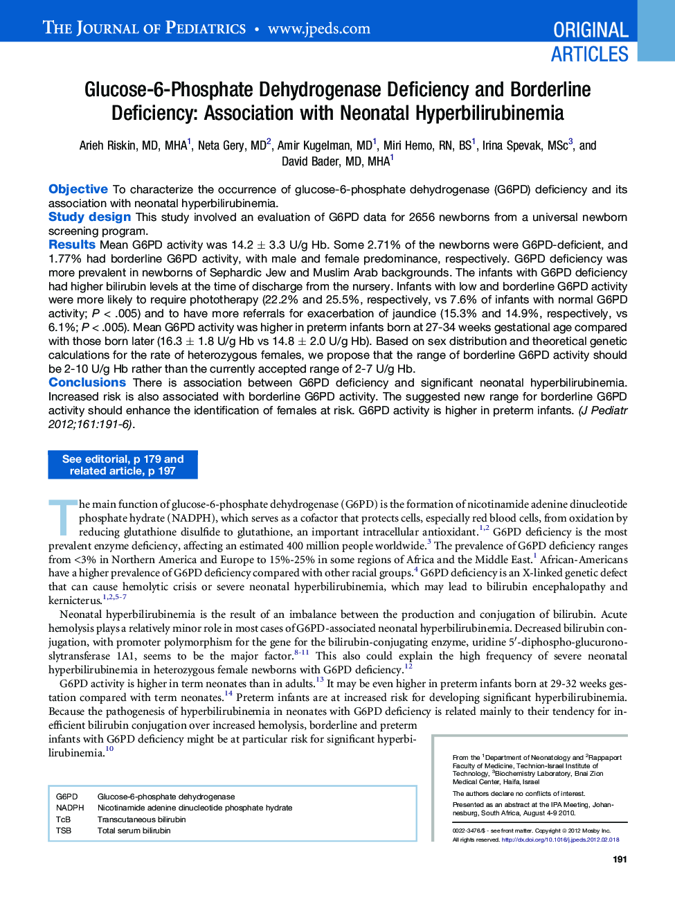 Glucose-6-Phosphate Dehydrogenase Deficiency and Borderline Deficiency: Association with Neonatal Hyperbilirubinemia