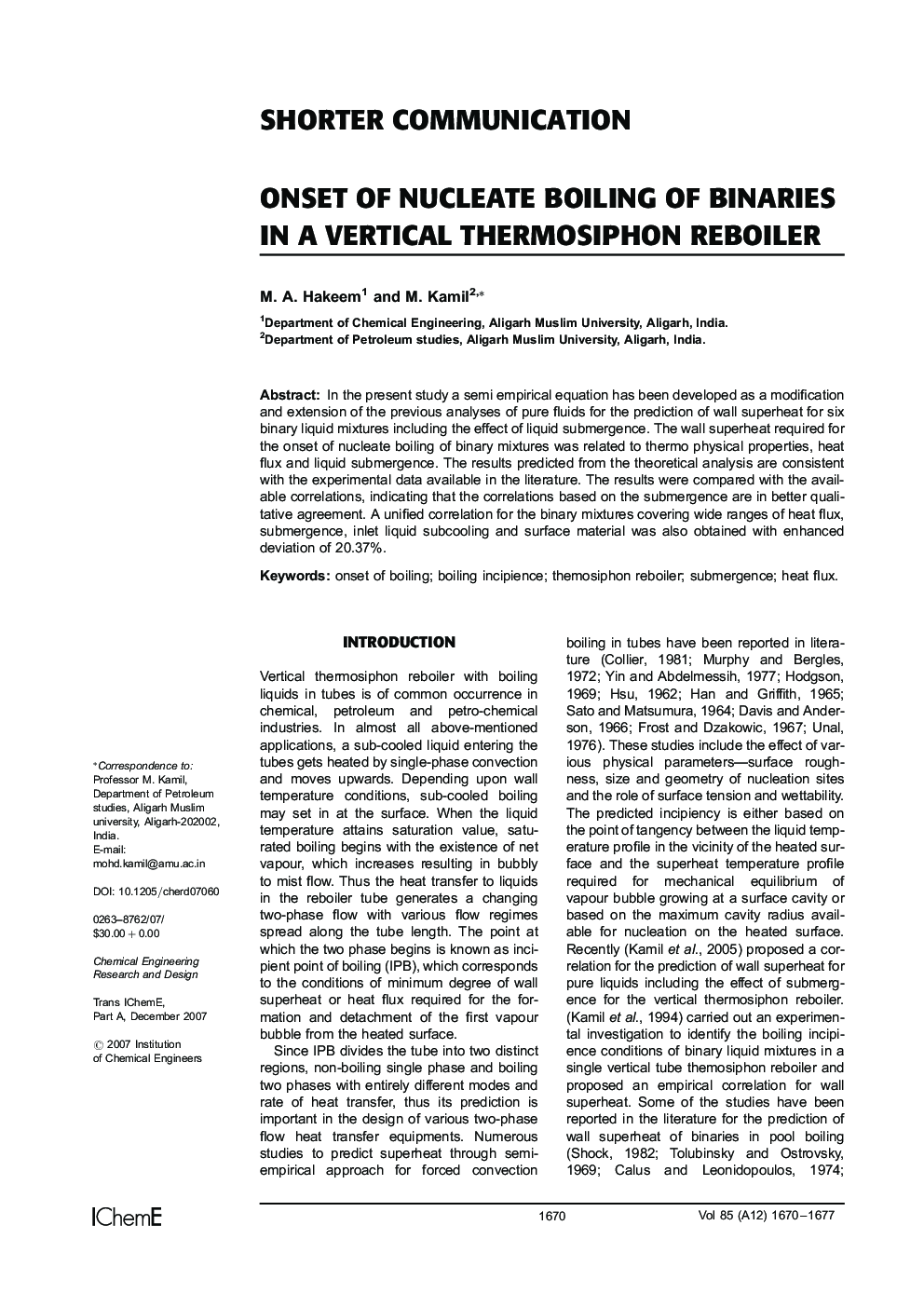 Onset of Nucleate Boiling of Binaries in a Vertical Thermosiphon Reboiler