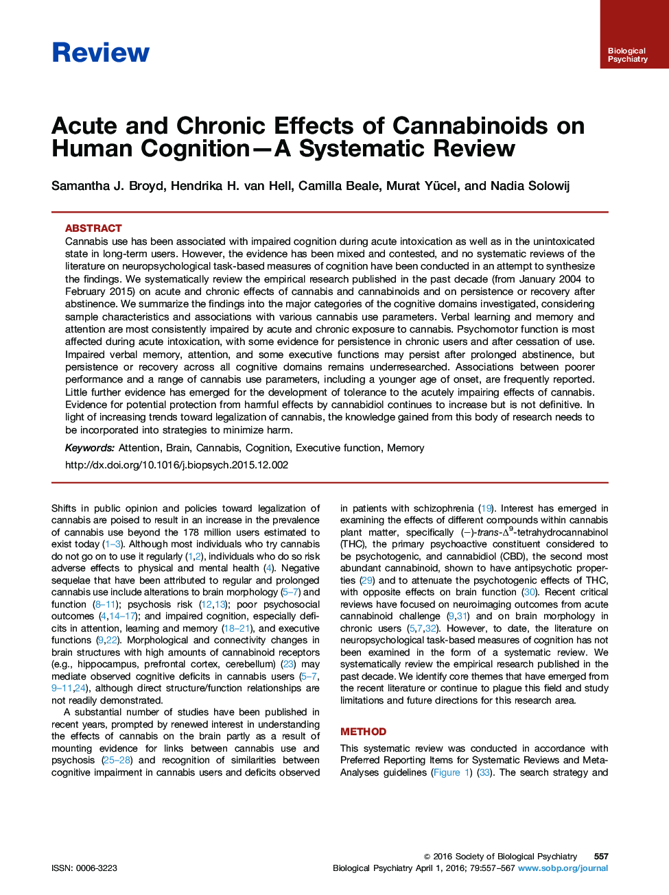 اثرات حاد و مزمن کانابینوئید بر شناخت انسان - مرور یک سیستماتیک 