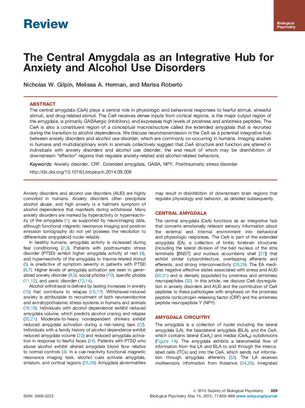 The Central Amygdala as an Integrative Hub for Anxiety and Alcohol Use Disorders