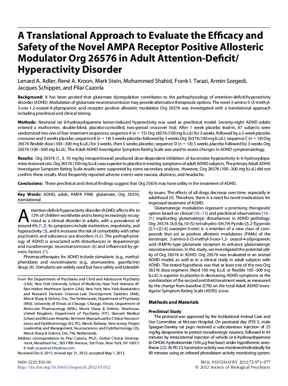 A Translational Approach to Evaluate the Efficacy and Safety of the Novel AMPA Receptor Positive Allosteric Modulator Org 26576 in Adult Attention-Deficit/Hyperactivity Disorder