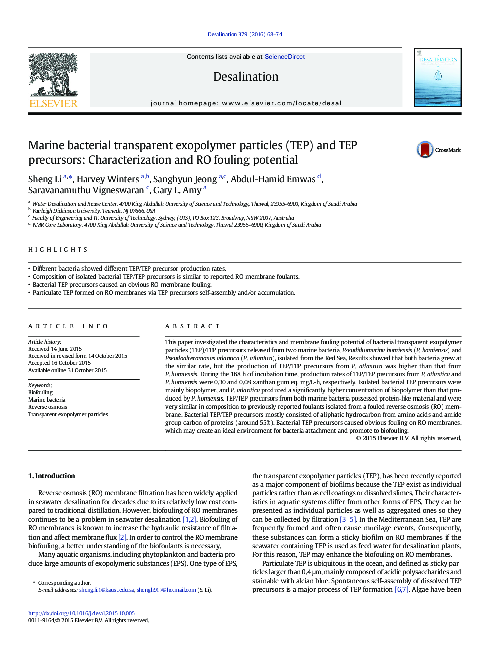 باکتری ذرات exopolymer شفاف دریایی (TEP) و پیش سازهای TEP: خواص و RO بالقوه رسوب