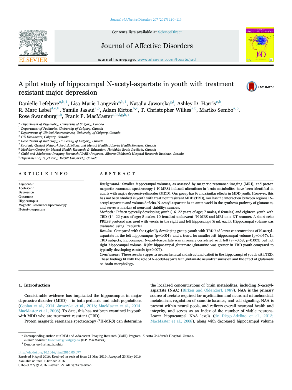 A pilot study of hippocampal N-acetyl-aspartate in youth with treatment resistant major depression
