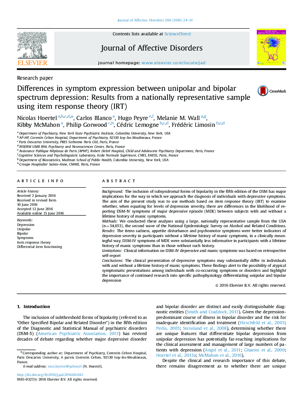 Differences in symptom expression between unipolar and bipolar spectrum depression: Results from a nationally representative sample using item response theory (IRT)