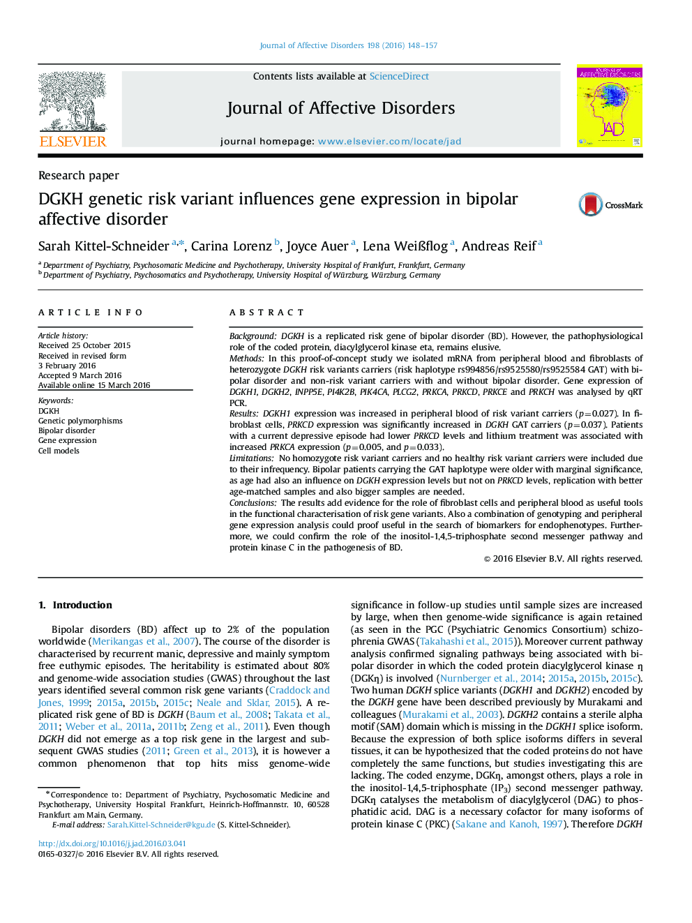 DGKH genetic risk variant influences gene expression in bipolar affective disorder