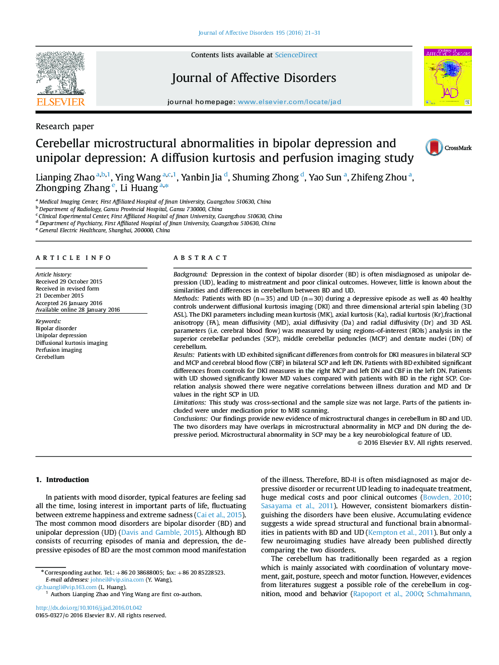Research paperCerebellar microstructural abnormalities in bipolar depression and unipolar depression: A diffusion kurtosis and perfusion imaging study