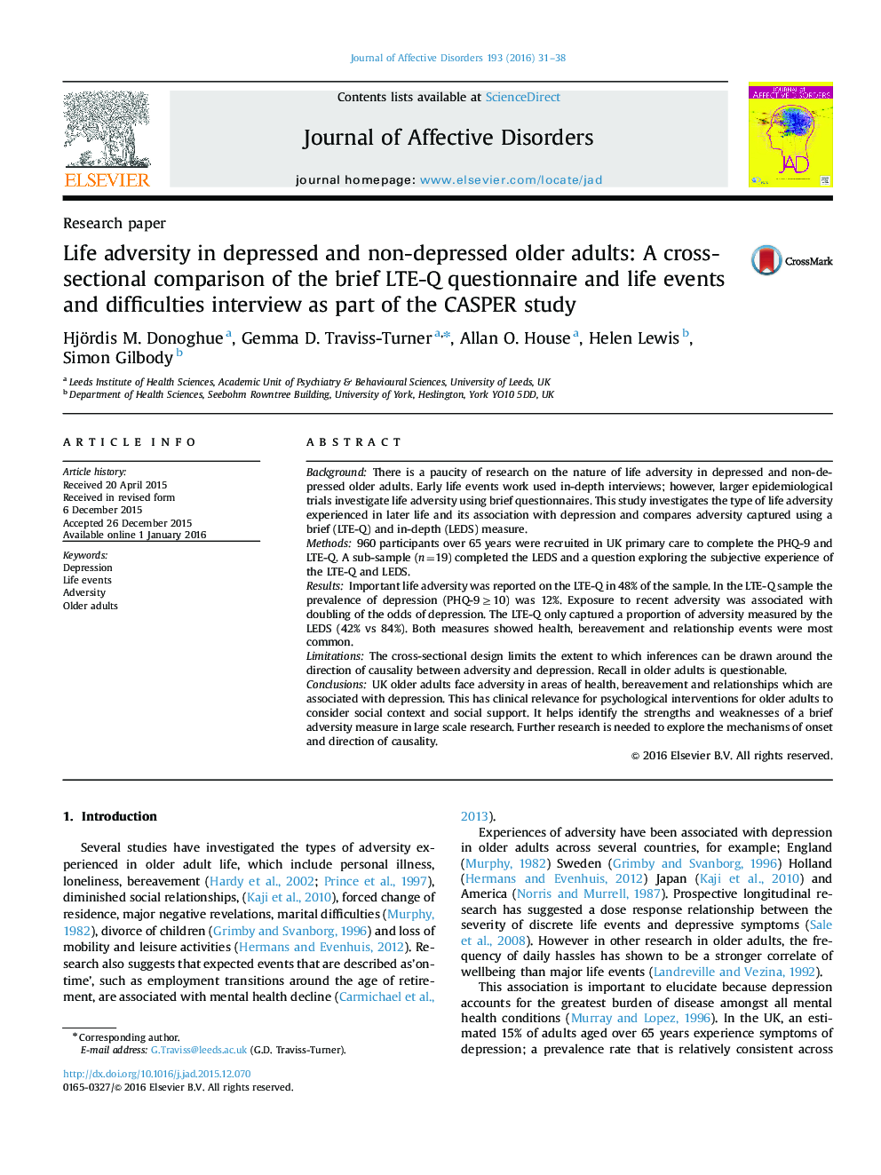 Life adversity in depressed and non-depressed older adults: A cross-sectional comparison of the brief LTE-Q questionnaire and life events and difficulties interview as part of the CASPER study
