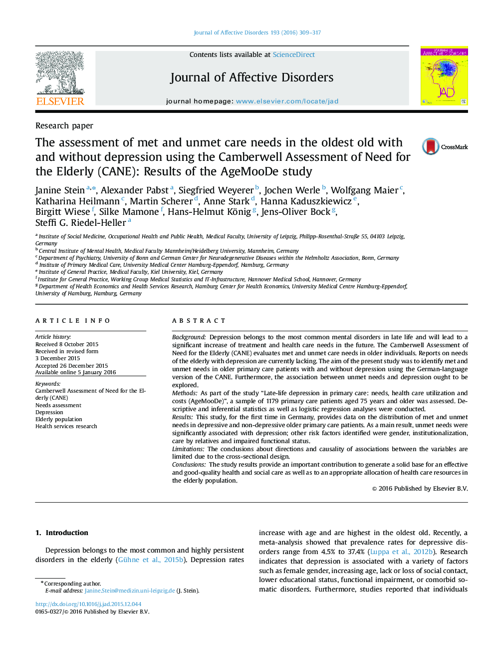 The assessment of met and unmet care needs in the oldest old with and without depression using the Camberwell Assessment of Need for the Elderly (CANE): Results of the AgeMooDe study