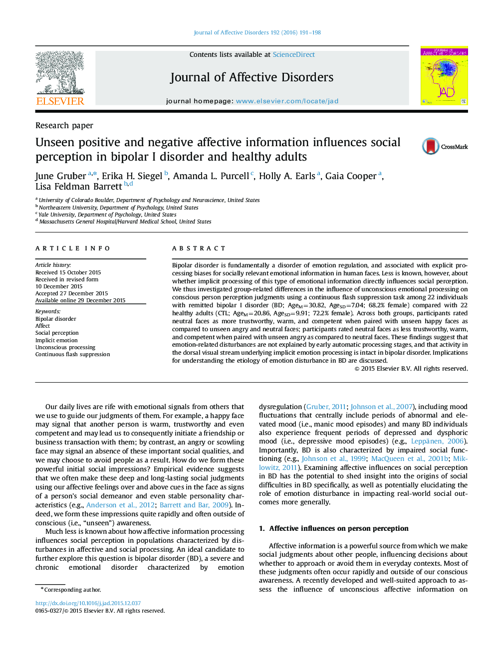 Unseen positive and negative affective information influences social perception in bipolar I disorder and healthy adults
