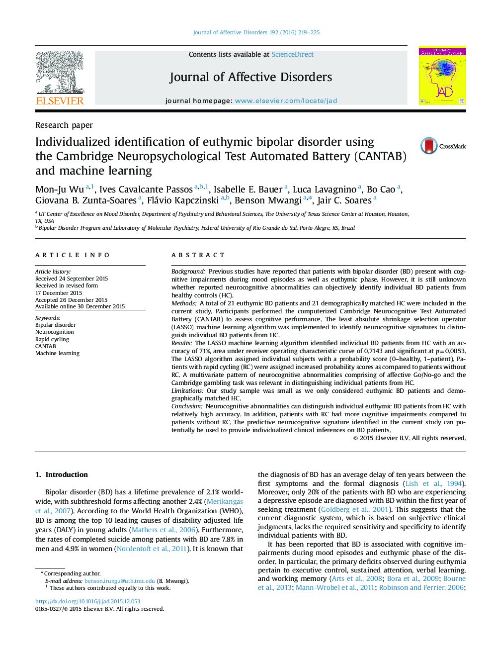 Individualized identification of euthymic bipolar disorder using the Cambridge Neuropsychological Test Automated Battery (CANTAB) and machine learning