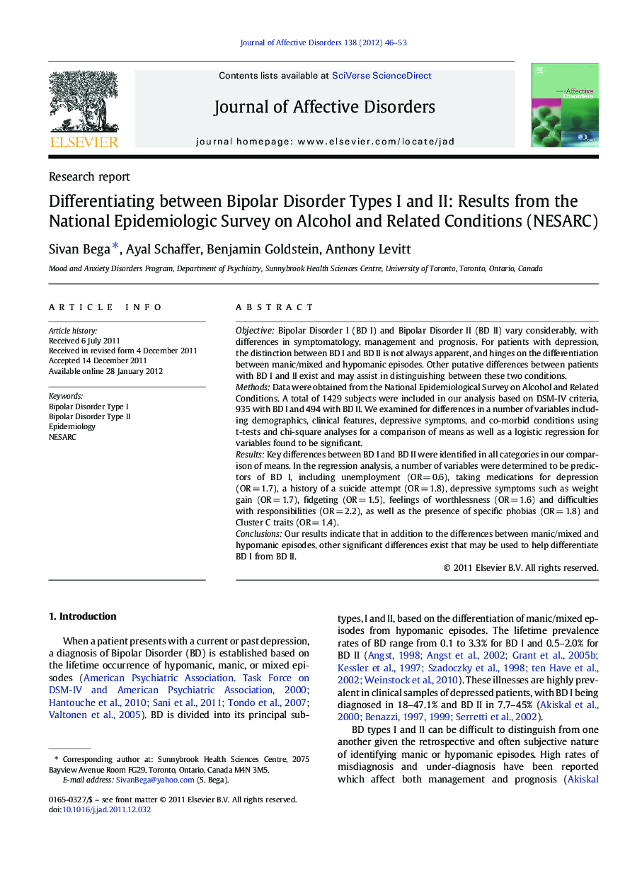 Differentiating between Bipolar Disorder Types I and II: Results from the National Epidemiologic Survey on Alcohol and Related Conditions (NESARC)