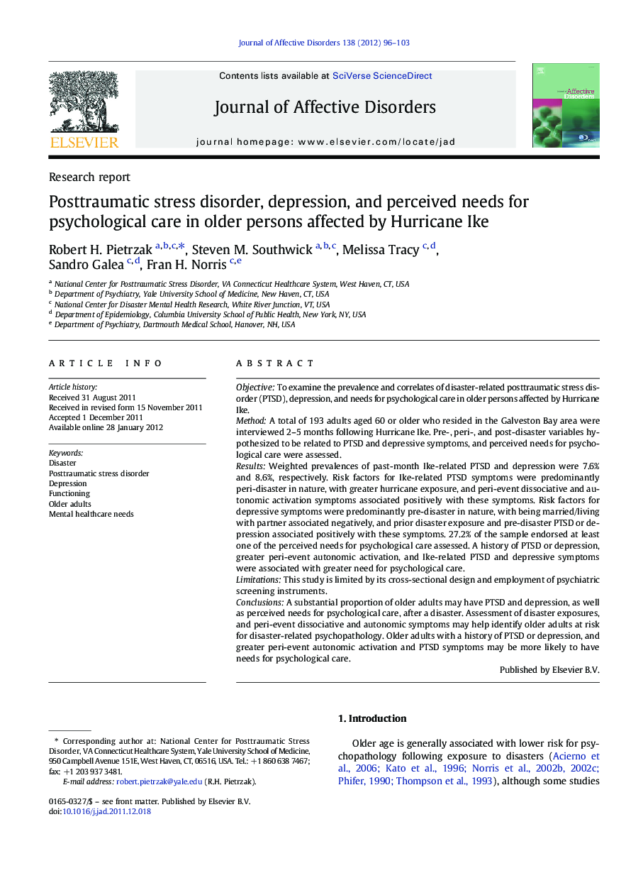 Posttraumatic stress disorder, depression, and perceived needs for psychological care in older persons affected by Hurricane Ike