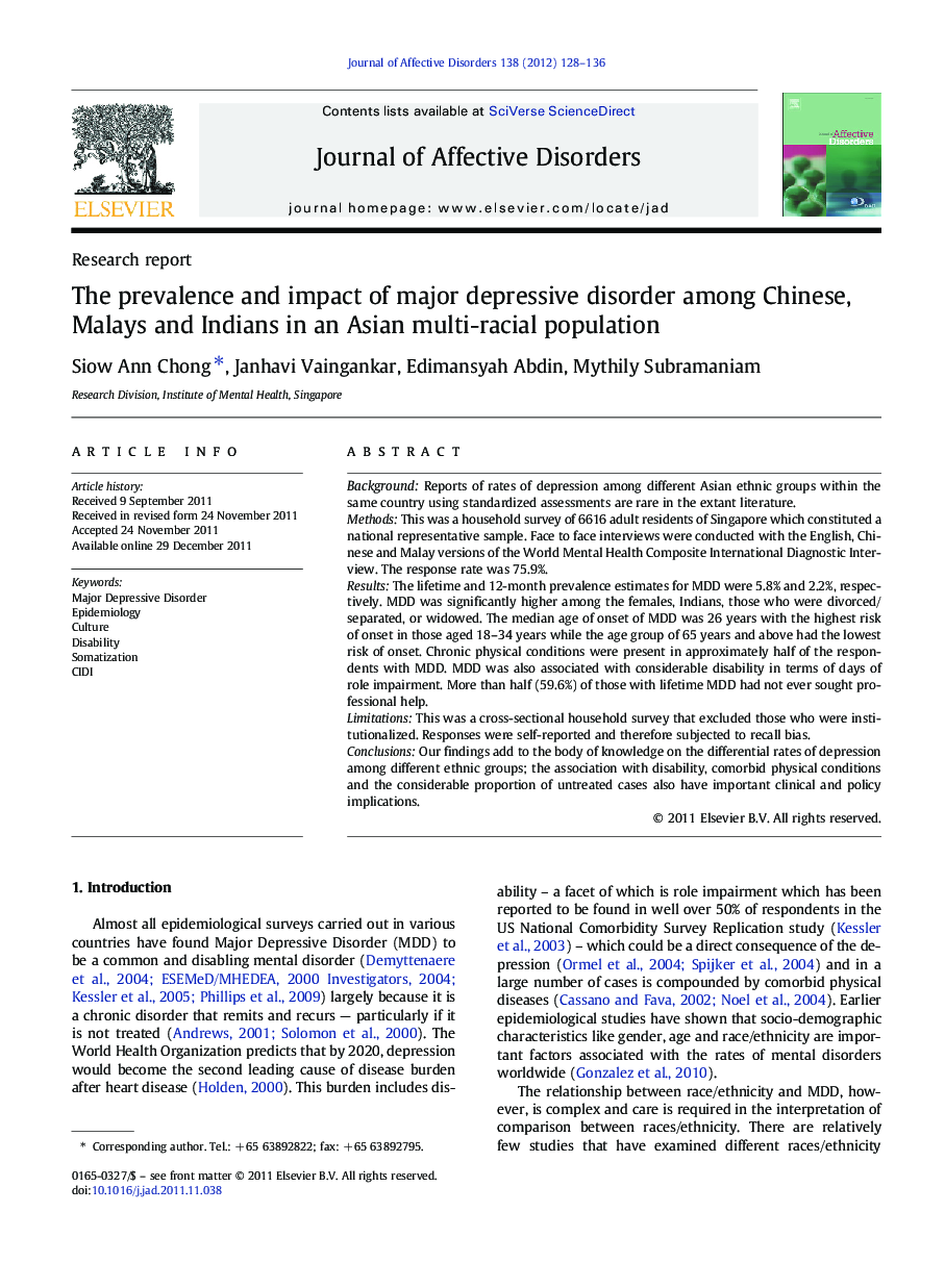 The prevalence and impact of major depressive disorder among Chinese, Malays and Indians in an Asian multi-racial population
