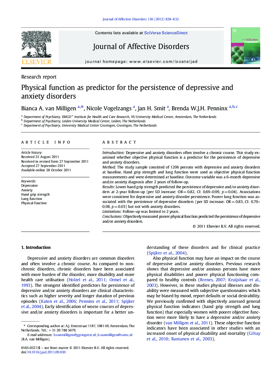 Physical function as predictor for the persistence of depressive and anxiety disorders