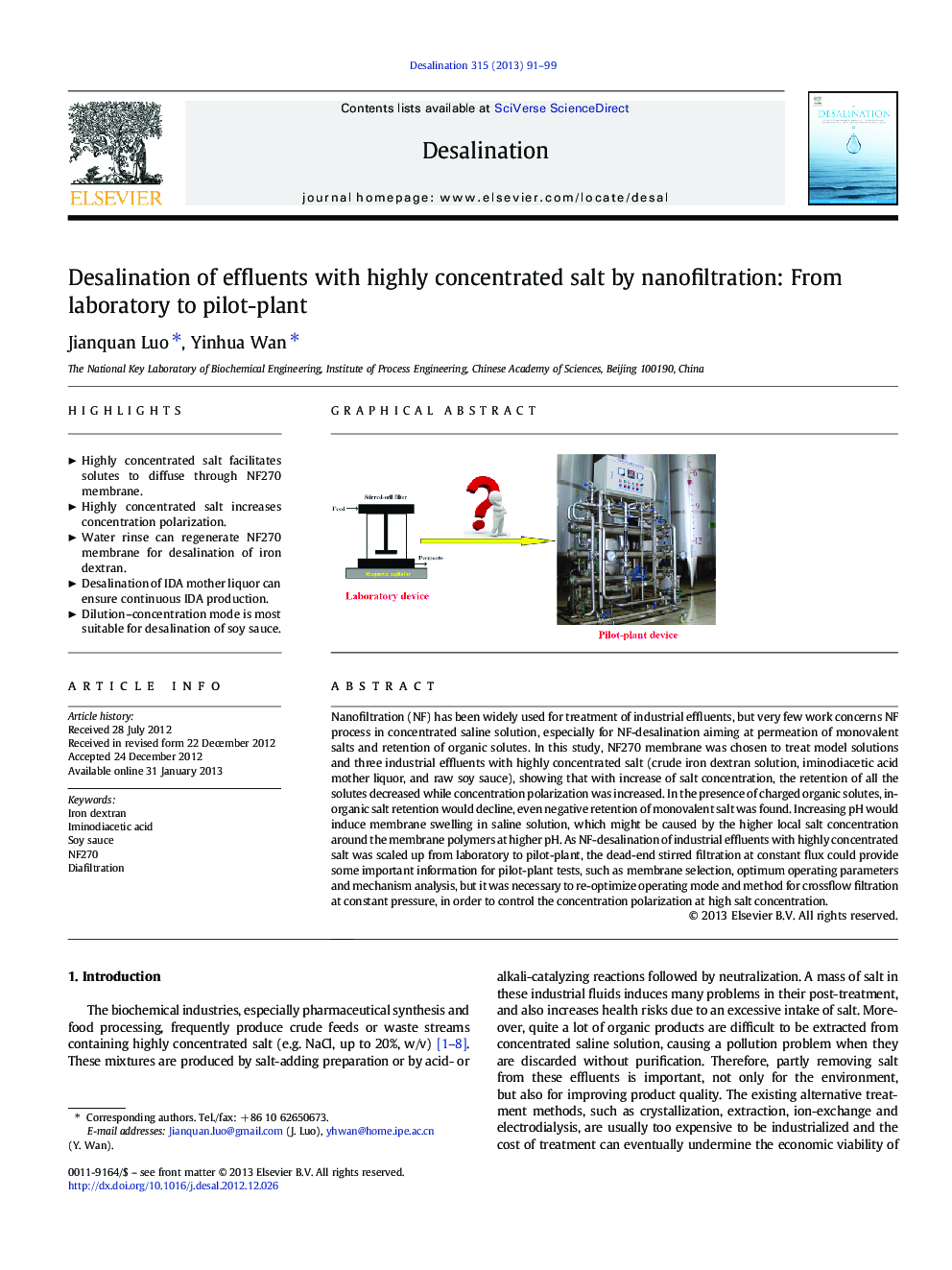 Desalination of effluents with highly concentrated salt by nanofiltration: From laboratory to pilot-plant