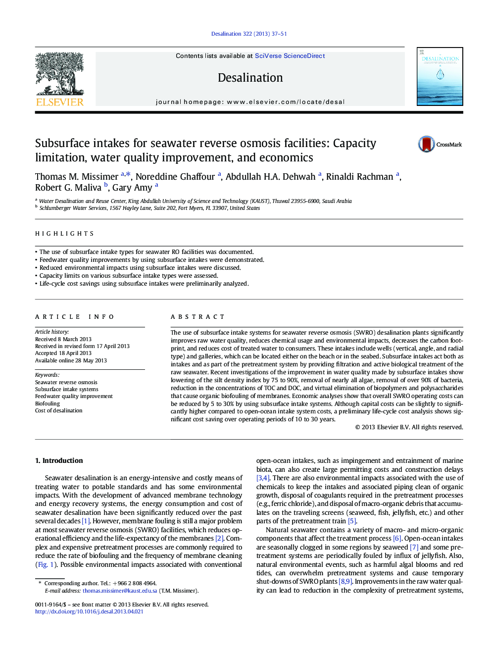 Subsurface intakes for seawater reverse osmosis facilities: Capacity limitation, water quality improvement, and economics