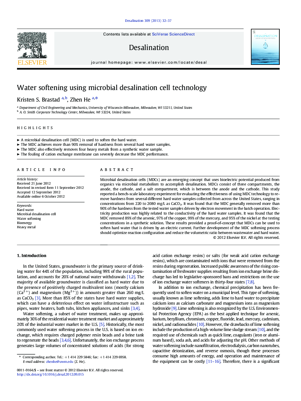 Water softening using microbial desalination cell technology