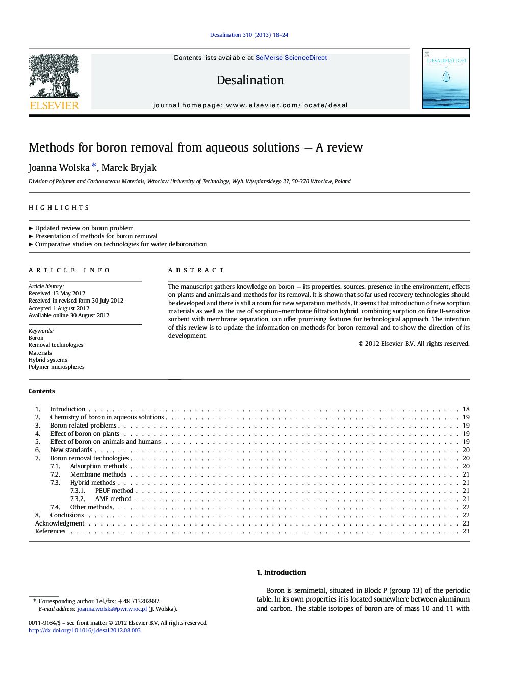 Methods for boron removal from aqueous solutions — A review