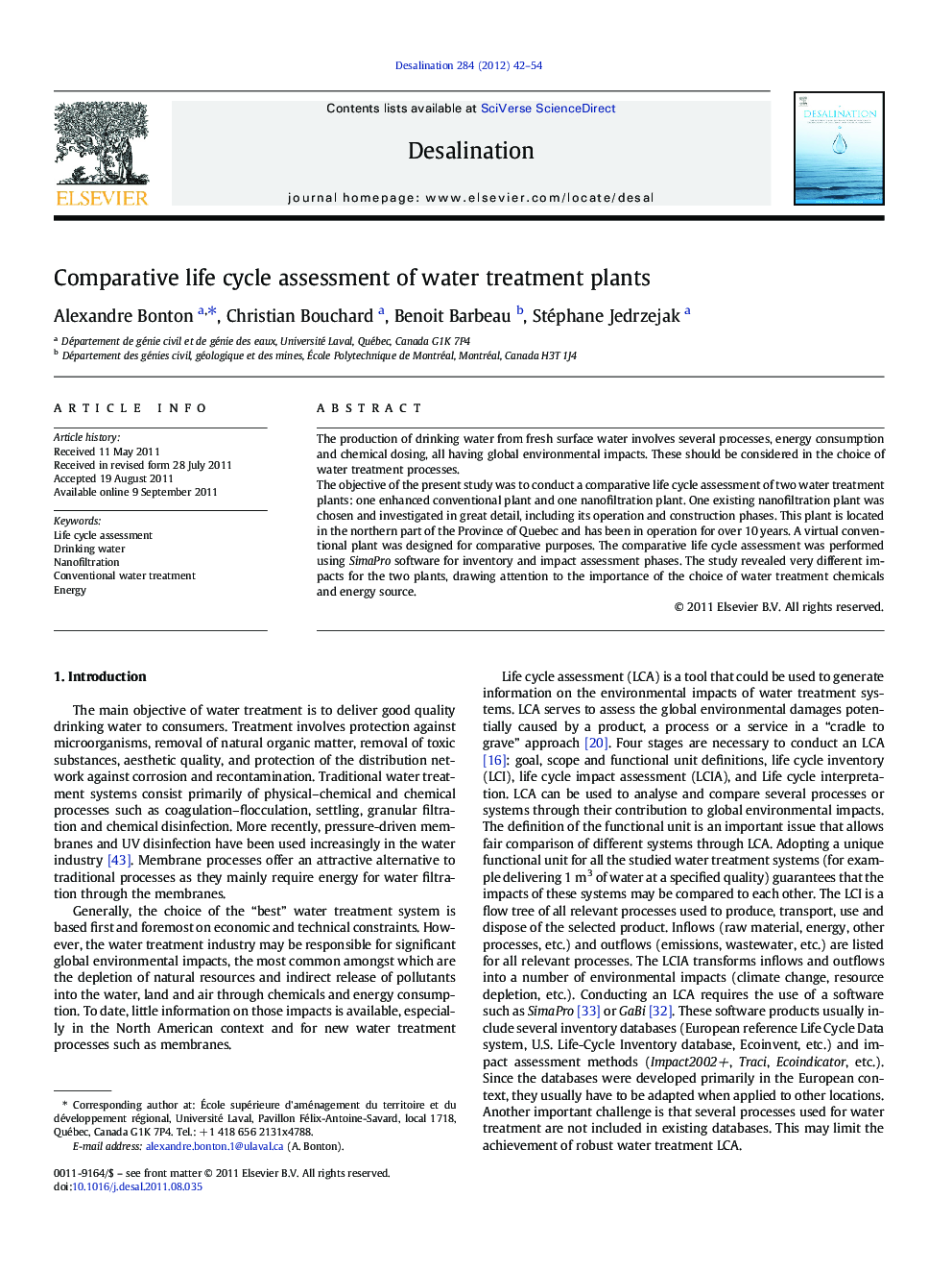 Comparative life cycle assessment of water treatment plants