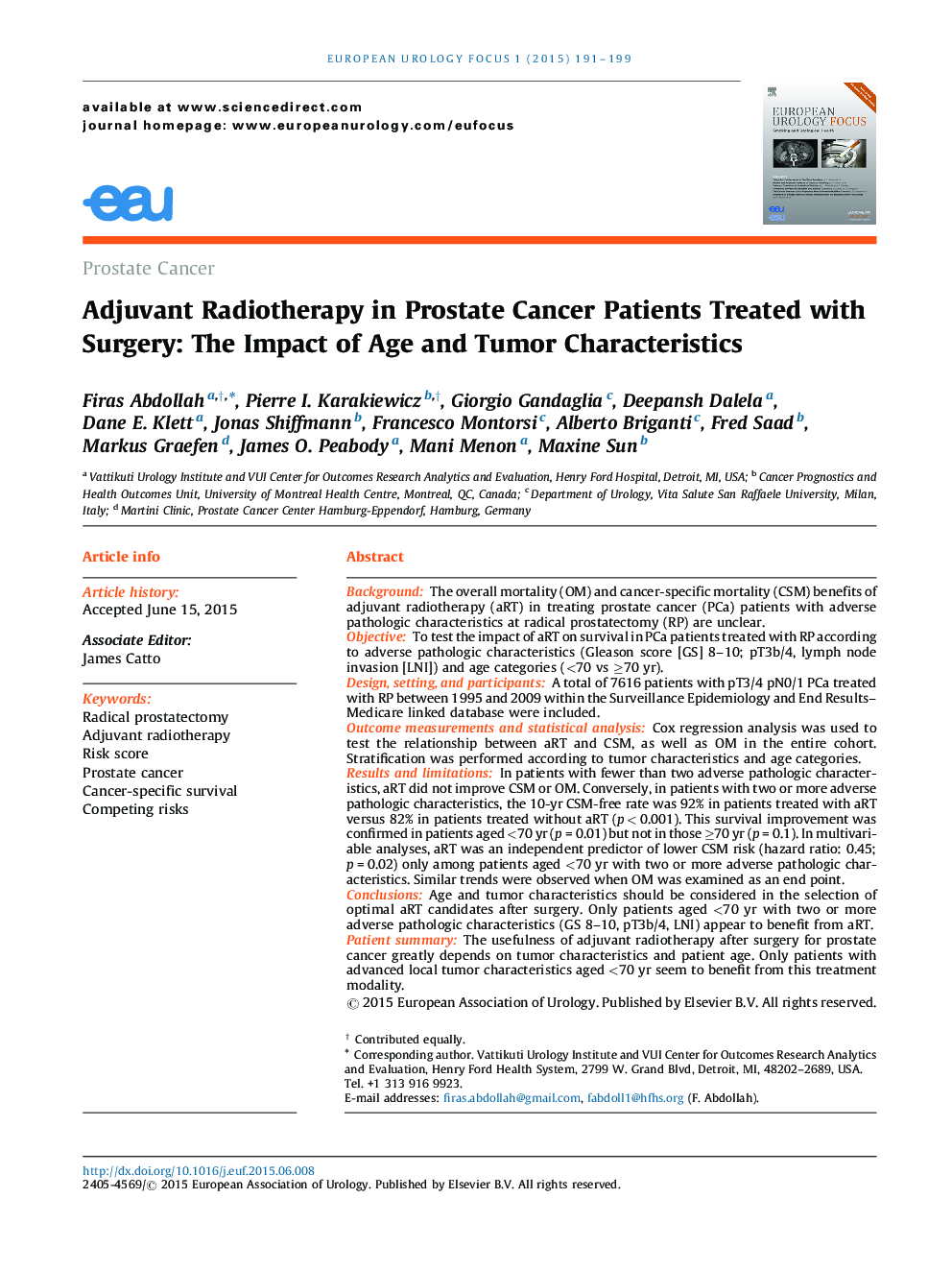 Adjuvant Radiotherapy in Prostate Cancer Patients Treated with Surgery: The Impact of Age and Tumor Characteristics