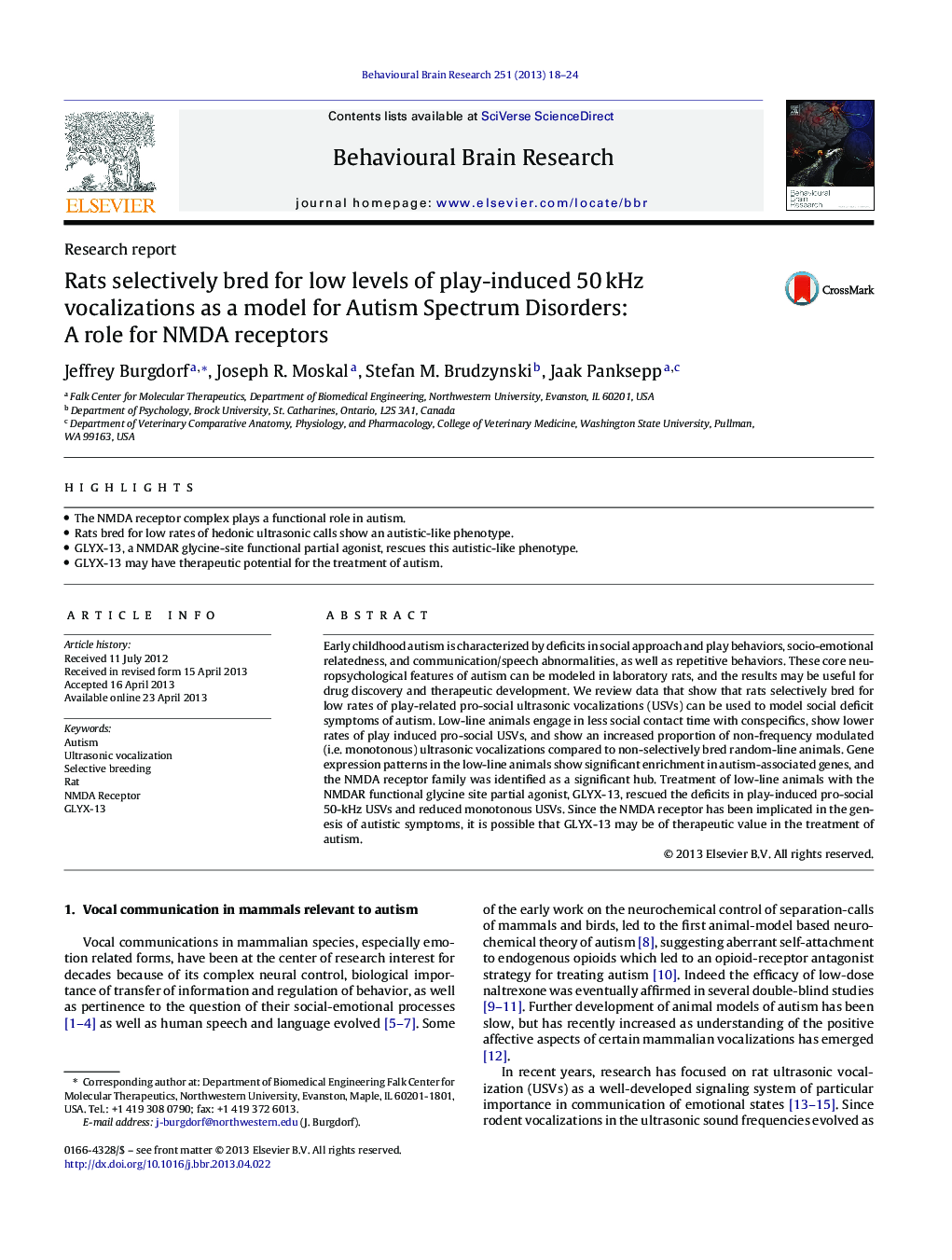 Research reportRats selectively bred for low levels of play-induced 50Â kHz vocalizations as a model for Autism Spectrum Disorders: A role for NMDA receptors