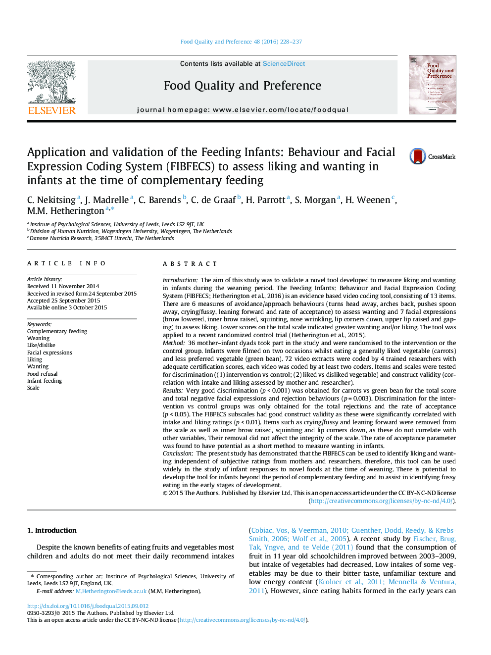 Application and validation of the Feeding Infants: Behaviour and Facial Expression Coding System (FIBFECS) to assess liking and wanting in infants at the time of complementary feeding