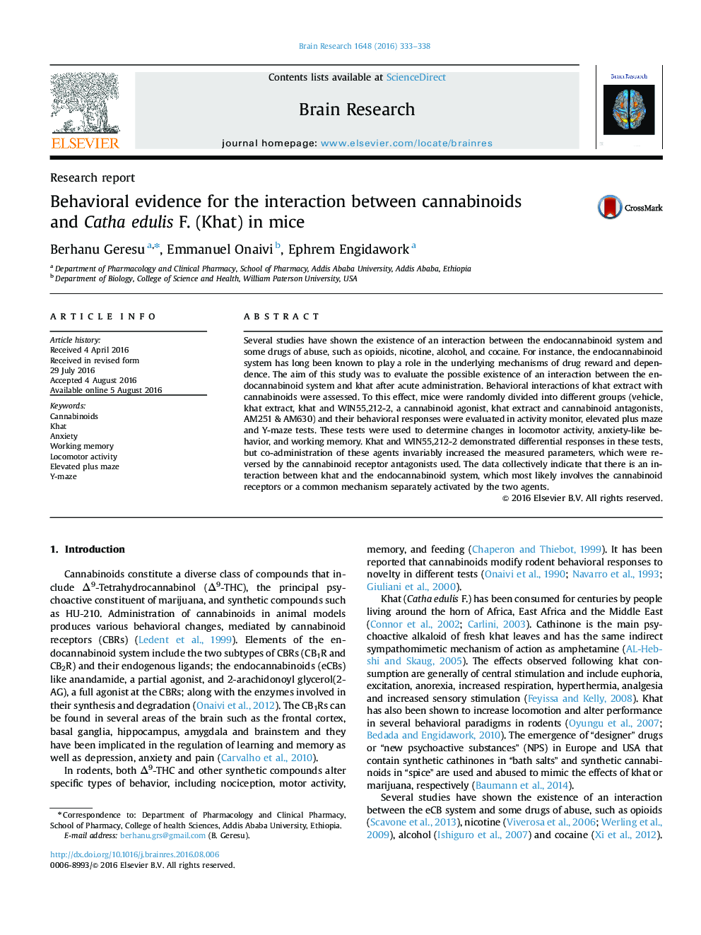 گزارش تحقیقاتی شواهد رفتاری برای تعامل بین کانابینوئیدها و کاتا ادولیس فت (خات) در موش 