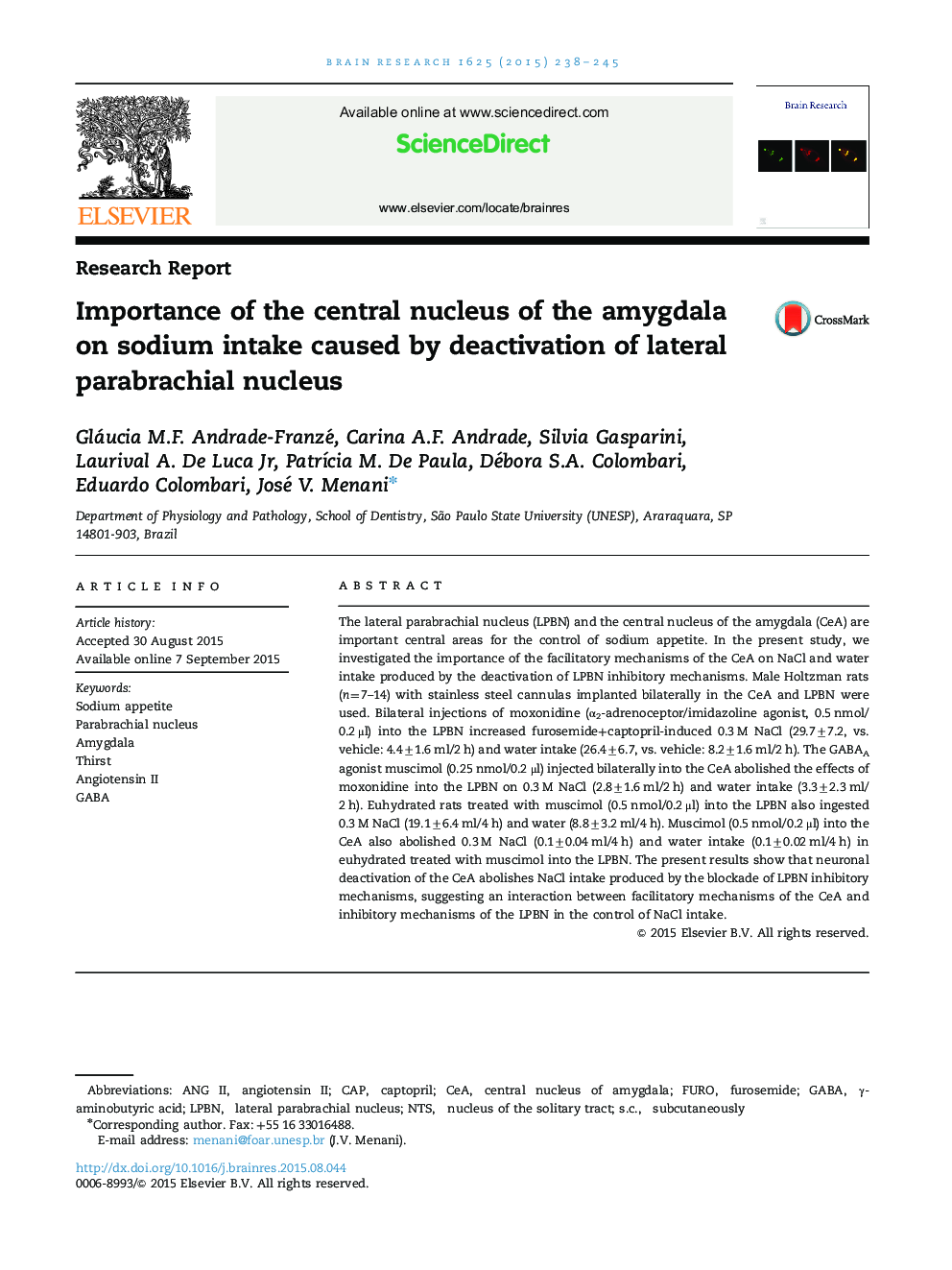 گزارش تحقیقات مهم هسته مرکزی آمیگدال بر مصرف سدیم ناشی از غیر فعال کردن هسته پاراباژیال جانبی 