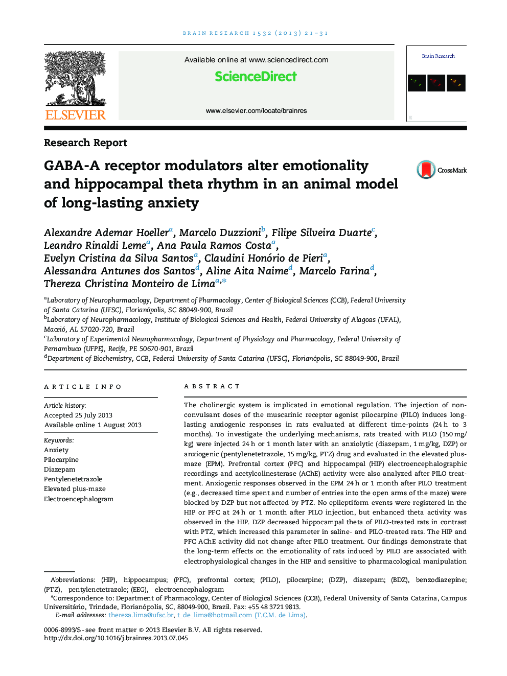 Research ReportGABA-A receptor modulators alter emotionality and hippocampal theta rhythm in an animal model of long-lasting anxiety