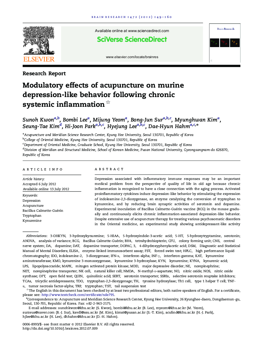 Research ReportModulatory effects of acupuncture on murine depression-like behavior following chronic systemic inflammation