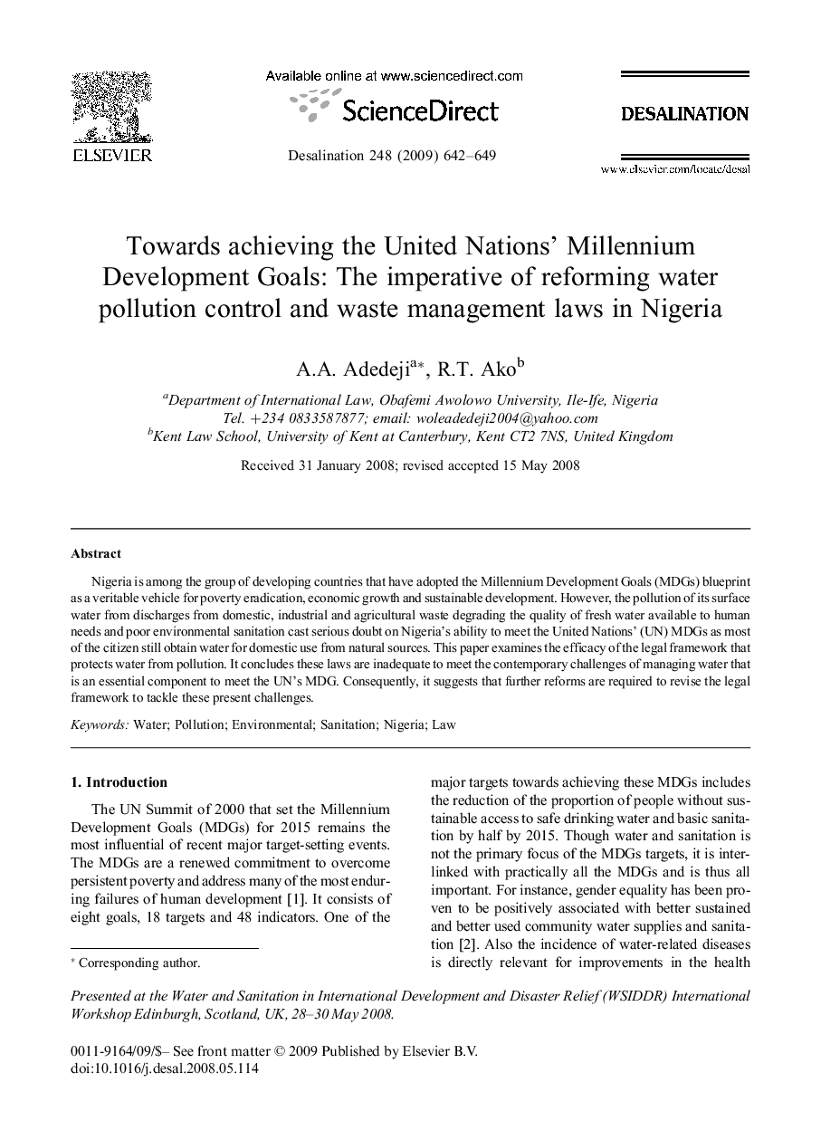 Towards achieving the United Nations’ Millennium Development Goals: The imperative of reforming water pollution control and waste management laws in Nigeria